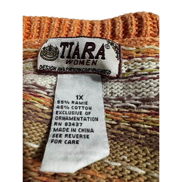 Vintage Tiara Women Fair Isle Knit Cardigan – Orange Multi – Size 1X - Picture 6 of 7